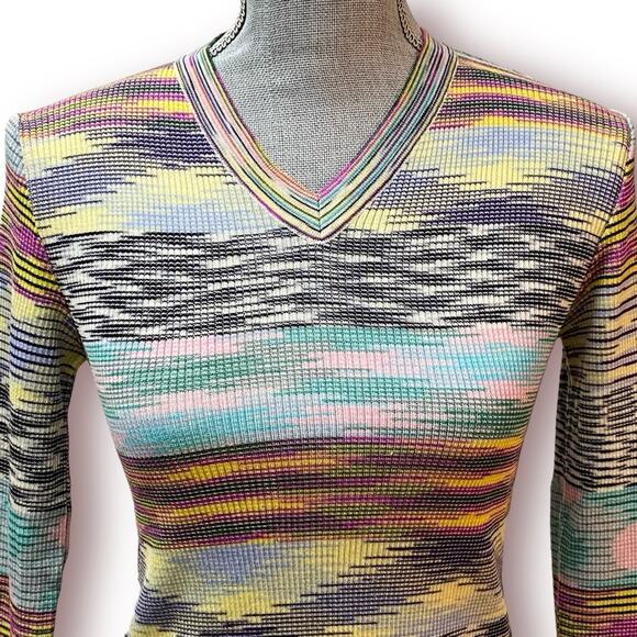 MISSONI Soft Wool Blend Space Dye V-Neck Sweater Top Yellow Mint Black and White - Picture 4 of 14